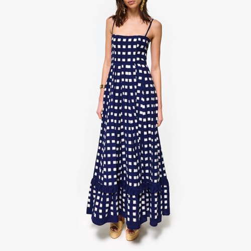 Image of Yuemengxuan Boho Maxi Dresses for Women Spaghetti Strap Flowy Smocked Long Dress Casual Summer Vacation Beach Maxi Dress