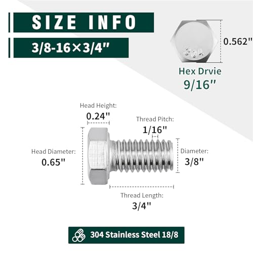Image of (10 Sets) 3 /8-16 x 3 /4 inch Hex Bolt and Nut Kit, 304 Stainless Steel (18-8), Fully Threaded, Flat & Lock Washers Included