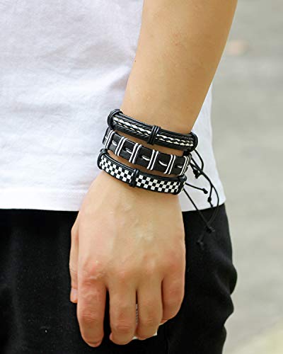 Image of Young & Forever Multi-Pack Men's Leather Bracelet Set - Braided Rope, Vintage Bead, Gothic Punk Skull, & Boho Wrapped Multi-Layer Cuff Wristbands, Adjustable Jewelry Pack