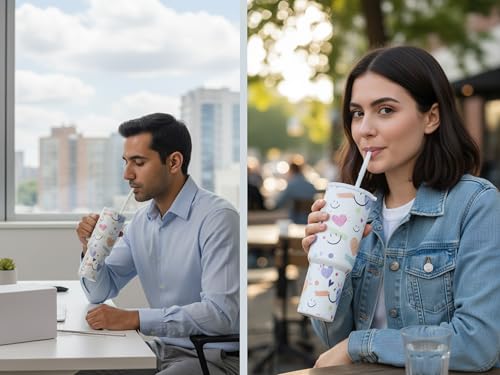 Image of Stainless Steel 1200 ml Vacuum Tumbler with Lid & Straw - Double‑Wall Insulated Cup for Travel, Gym & Office - Keeps Beverages Hot or Cold - 1.2 L Capacity (White Smily)