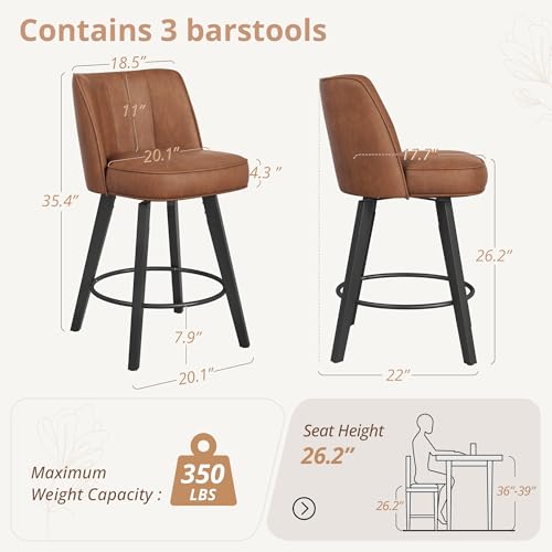 Image of LUE BONA 360-degree Swivel Bar Stools Set of 3, 26 inch Counter Height Bar Stools with High Back and Wood Legs, Morden Faux Leather Upholstered Barstools for Kitchen Counter