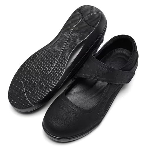 Image of Mary Jane Shoes Women Leather Orthopedic Flats Round Toe Casual Dress Shoes Non Slip Work Shoe with Memory Foam