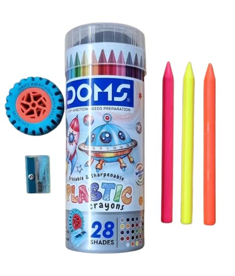 Doms 28 Shades Erasable Plastic Crayons Round Tin Box- Includes Yellow, Orange & Pink Neon Shades, 1 E-Racer Eraser & 1 Pencil Sharpener| Smooth & Bright Colours| Pack of 1