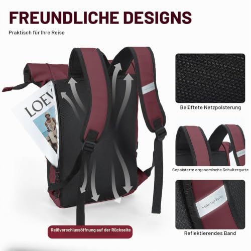 Lekeinchi Rolltop Rucksack Damen & Herren, Elegant Laptop Rucksack Wasserdicht mit 17 Zoll Laptopfach, Großer Reiserucksack Tagesrucksack Schulrucksack für Reisen, Uni Schule, Arbeit - Rotwein
