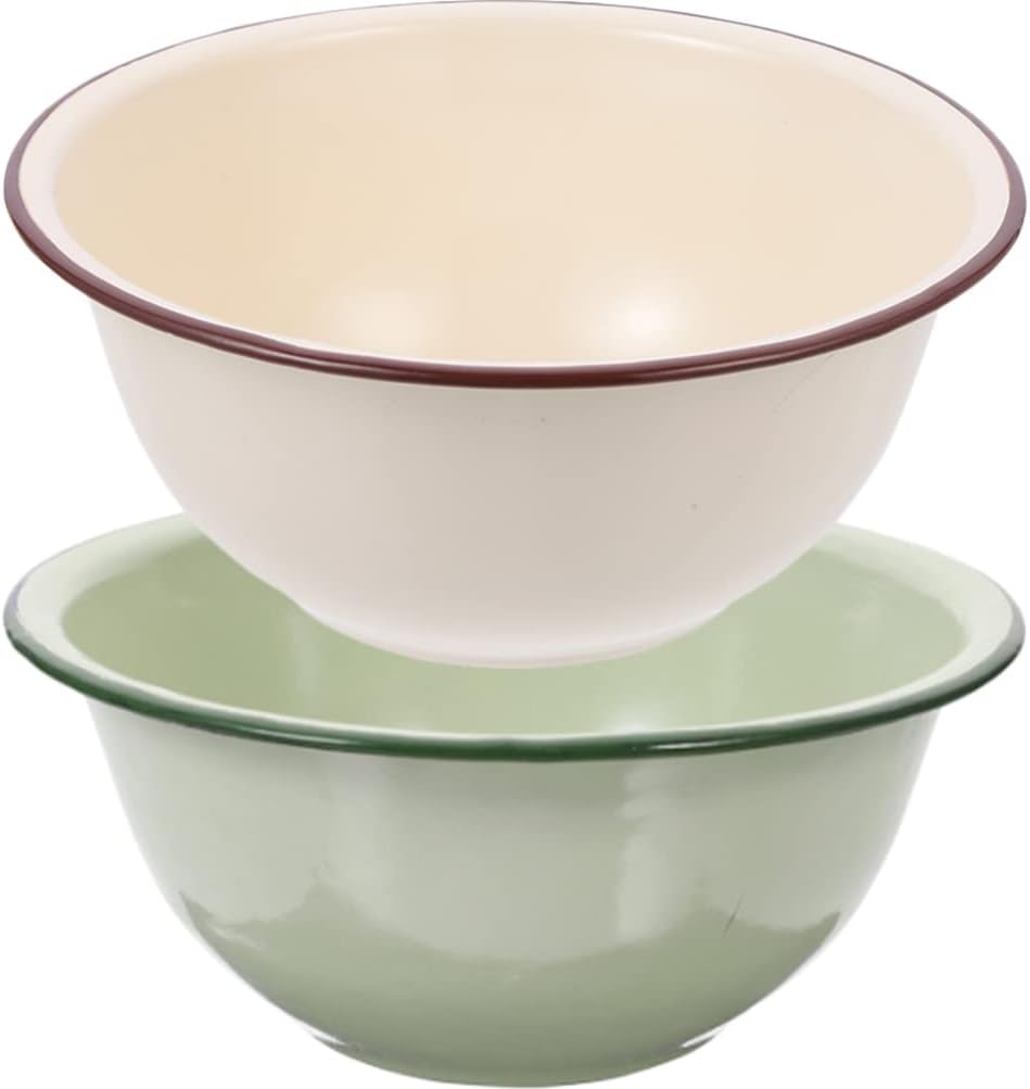 2pcs Enamel Bowls Retro Enamel Basin Enamel Soup Basin Mixing Bowl Unbreakable Serving Bowl Round Mixing Bowls Noodle Bowl with Rim for Salad Vegetables Fruits