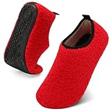 QFH Mens Womens Sock Shoes Teddy Fleece Closed Back Slippers Mens Comfortable Bedroom Shoes Women Home Slipper Pure Red 4-5 Women/3-4 Men