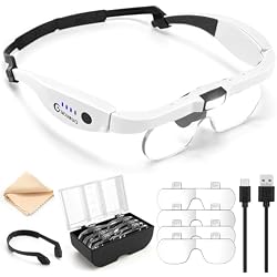 GUOUBUO Magnifying Glass with Light, 1.5X-5.0X Magnifying Glasses 4 Lenses | Detachable,Light Weight Acrylic Lens, Rechargeable, Adjustable Magnifier Headset, Magnify Glasses for Close Work Crafts Hobby