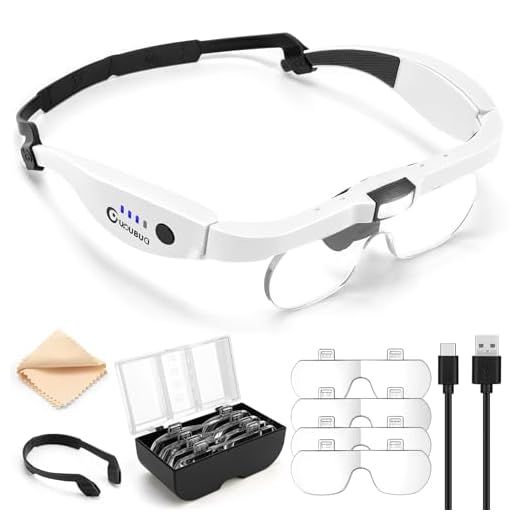 GUOUBUO Magnifying Glass with Light, 1.5X-5.0X Magnifying Glasses, Rechargeable Magnifier Headset with Light, Head Magnifier with 4 Detachable Lenses, Magnify Glasses for Close Work Crafts Jewelry