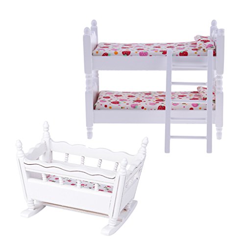 D DOLITY 1/12 White Wooden Children Bunk Bed Baby Cradle Set for Dolls House Bedroom Accessory Mini Furniture Model Collectibles