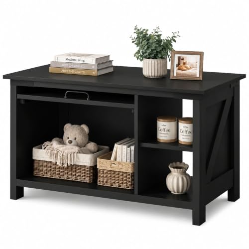 Image of WLIVE Wooden Coffee Table with Flip-up Door, 2-in-1 Cat House, Black