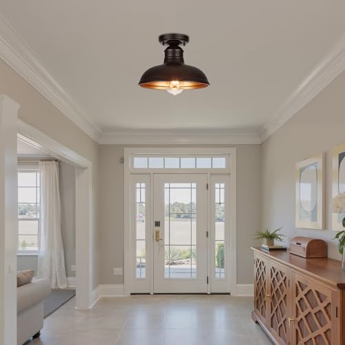 Image of GOLDHILL 10 inch Semi Flush Mount Ceiling Light, Oil Rubbed Bronze Industrial Barn Shade with Gold Interior, 1-Light Bowl Fixture for Kitchen Island, Hallway and Covered Porch