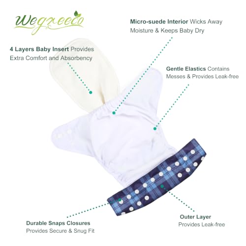 Image of Wegreeco Cloth Diapers 6 Pack with Inserts & Wet Bag, Washable Reusable Diapers for Babies, One Size Adjustable (Checkered)