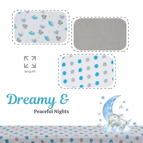 Image of 3 Pack Crib Sheets - Ultra Soft Jersey Cotton Baby Crib Sheets, Breathable Fitted Sheets for Standard Crib Mattress (52 inch x 28 inch), Baby Boy Crib Bedding Set - Blue Grey Elephant