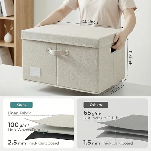 Image of PRANDOM Storage Bins with Lids [3-Pack] Linen Fabric Foldable Storage Boxes Organizer Containers Baskets Cube with Cover for Bedroom Closet Office Beige (23.4X15.9X11.4)