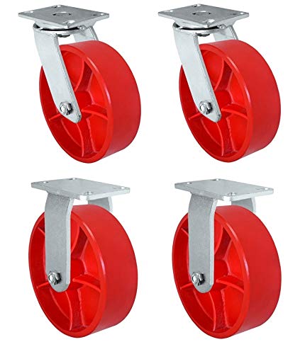CasterHQ - 10" x 3" Heavy Duty 2 Swivel & 2 Rigid Caster - Red Ductile Steel Wheel - 10,000 lbs Capacity Per Caster
