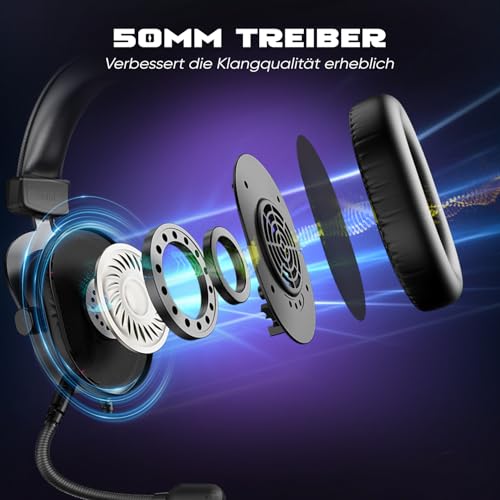 FIFINE Gaming Headset mit Mikrofon, Over Ear Kopfhörer mit Kabel, USB Headset für PC PS4 PS5, RGB Headphone mit 3 EQ-Modi, Surround Sound und Ohrpolster