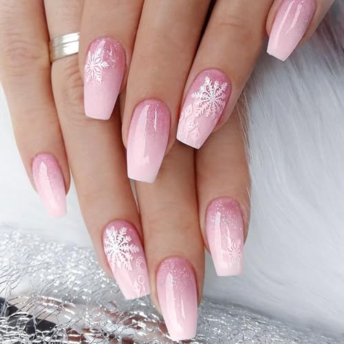 Viugex 24 Piezas Uñas Postizas Navidad Longitud Media Ataúd, Rosa Degradado Francesas Uñas Falsas, Copos de Nieve Acrílicas Press on Nails, Brillantes Cubierta Completa Puntas de Uñas para Mujeres
