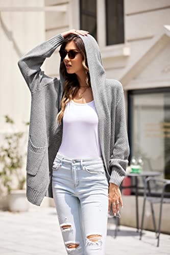 Zeagoo Women's Cardigan Sweater Long Sleeve Knit Hooded Cardigans Casual Open Front Sweater Coat With Pockets Grey #TOP1