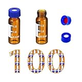 HXymxkeqi 2 mL Amber Autosampler Vials 100 Pack – HPLC/GC Certified, 9-425 Screw Cap with Red PTFE/White Silicone Septa, Graduations & Write-On Area, Leak-Proof for LC, GC-MS, Lab Analysis