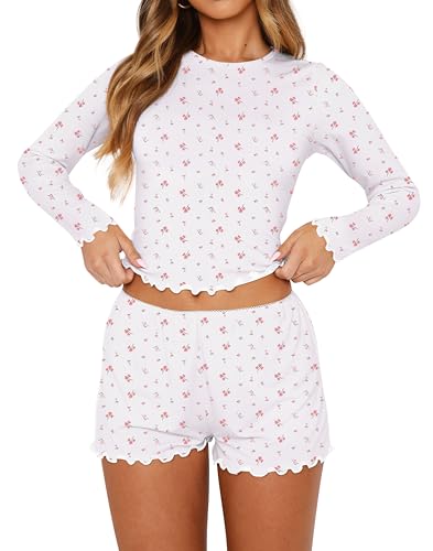 Image of Lacozy Cute Pajama Sets for Women 2 Piece Floral Print Fall Pj Set Woman Long Sleeve Crop Top and Short Y2K Sleep Set