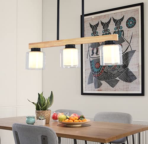 Lámpara colgante LED negra de madera con 3 luces y vidrio ajustable para comedor