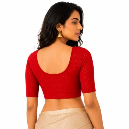 Image of Fressia Fabrics Pure Cotton 4-Way Stretch Readymade Blouse for Women | Free Size to 4XL Stretchable Round Neck Dobby Cotton Half Sleeve Readymade Saree Blouse for Women Stylish