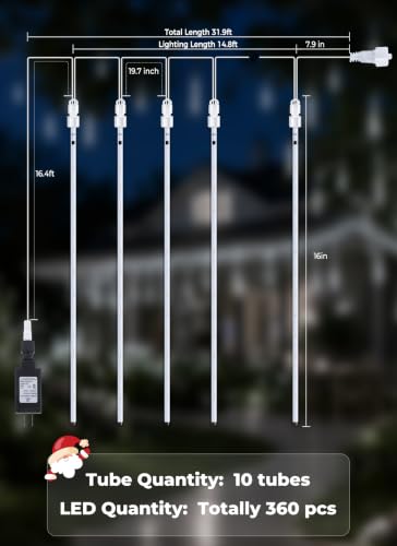 Brightown Christmas Lights Outdoor, 16 Inch 10 Tube 360 LED Icicle Lights | Connectable Meteor Shower Light Outdoor, Hanging Falling Rain Light for Tree Outside Holiday Xmas Decoration, White - image 7