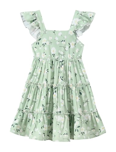 Girl Summer Dress Floral Ruffle Sleeve A Line Swing Casual Dresses Tie Back Cute Tiered Sundress 4-12Y