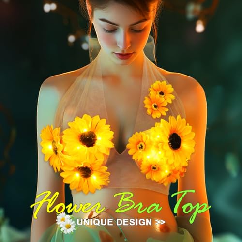 GRAEEN Light Up Sunflowers Bikini Tops Halter Rave Bra for Women Beige3