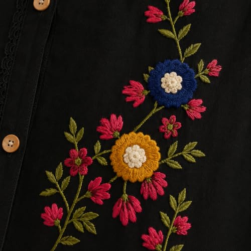 Image of RIEKA Womens Off White Cotton Shirt with Multicolour Floral Embroidery Button Down Mandarin Collar Relaxed Fit Casual Wear Top