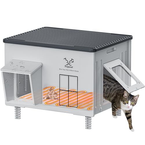 Large Indestructible Heated Cat House for Outside - Extremely Waterproof & Weatherproof Heated Outdoor Cat House with Escape Door for Winter, Insulated Feral Cat Shelter for Barns Strays 22x17x17.5 in