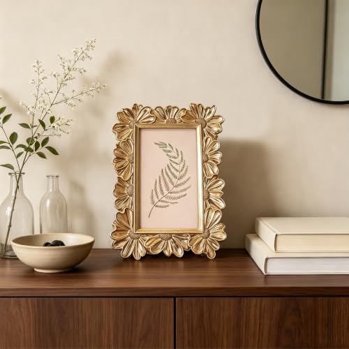 Image of Antique Floral Picture Frame - Resin & Glass Victorian-Style Frame for Tabletop or Wall Decor (Gold, 4 inch x 6 inch)