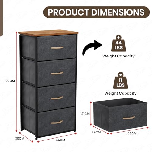 Image of Lukzer Fabric Chest of 4 Drawers Closet Drawer Organizer for Wardrobe | Fabric Drawer Storage for Closet Living Room /Bedroom Metal Storage Bookshelf Organizer (MMR-002 /Black & Oak Brown) - 45x30x93cm