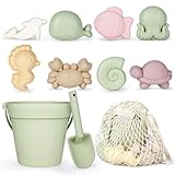 MarcZero 11Pcs Silicone Beach Toys,Modern Baby Beach Toys,Travel Friendly Beach Set,Silicone Bucket, Shovel, 8 Sand Molds, Beach Bag, Sand Toys for Toddlers, Kids (Green)