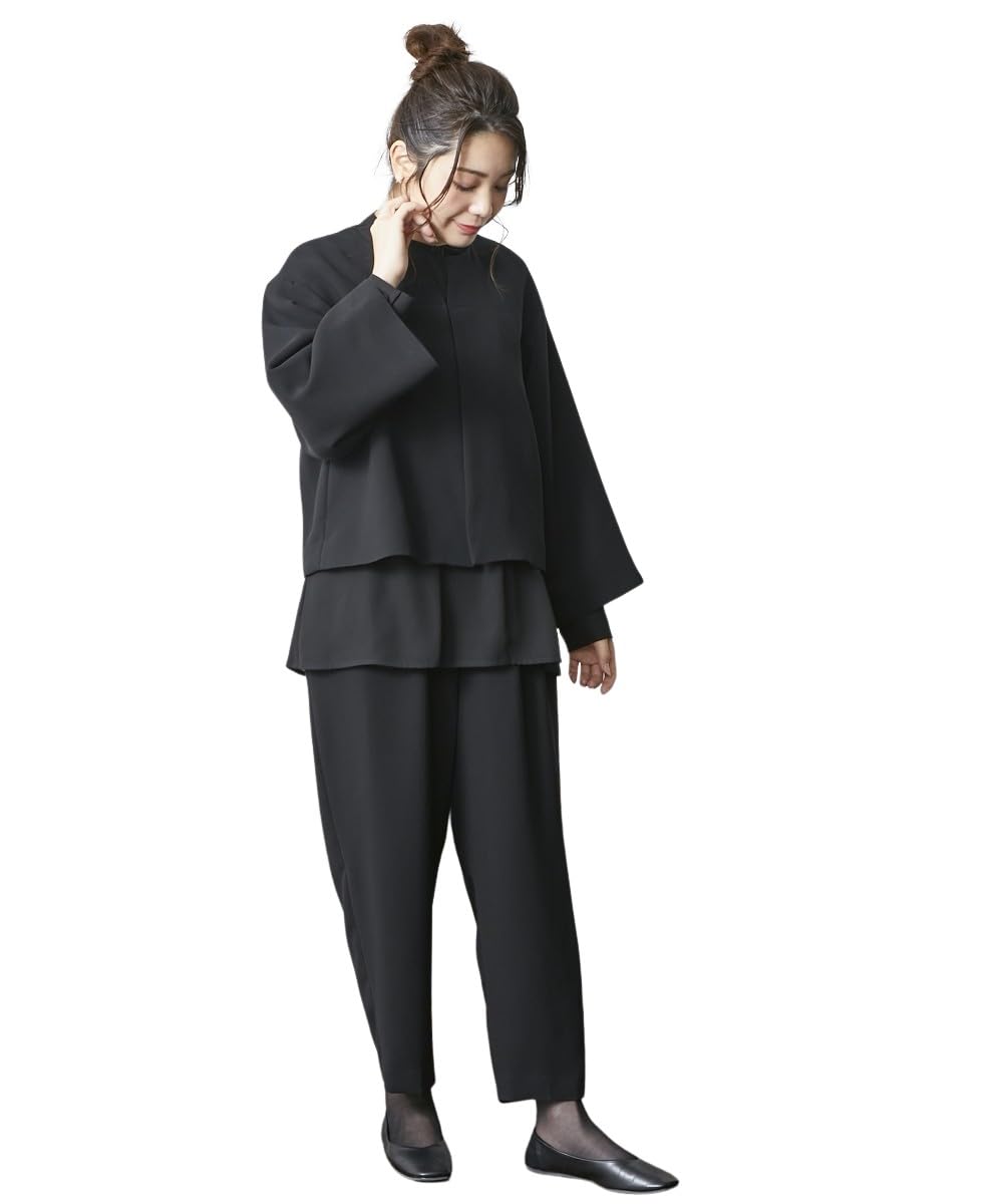 Black Formal [Mourning Dress / Formal Clothes] Made in Japan Fabric Washable Wrinkle Resistant Natural Layered 3-Piece Suit (No Collar Jacket + Long Blouse + Loose Tapered Pants) Large Size-image-47