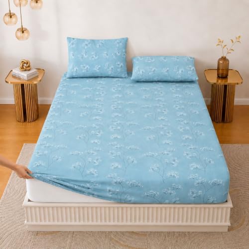 Image of Jaipur Weaves King Size Fitted Bedsheet with Elastic, 100% Pure Cotton King Size Fitted Bedsheet for Double Bed with 2 Pillow Covers, 240 TC, 72x78 Inches up to 8-inch Mattress, Floral Design (Blue)