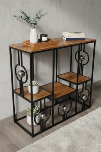 Image of Console Table with Storage, Modern Engineered Wood, Gold Metal Frame with Decorative Spheres, 30x30x7.5 Inch (Black Brown)