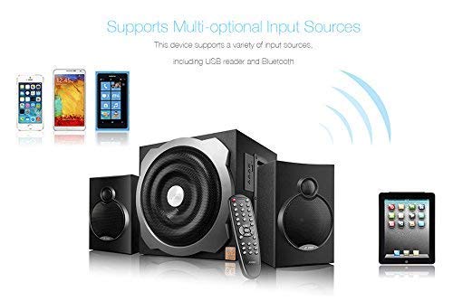 F&D A521X speakers with various devices like smartphones and tablets