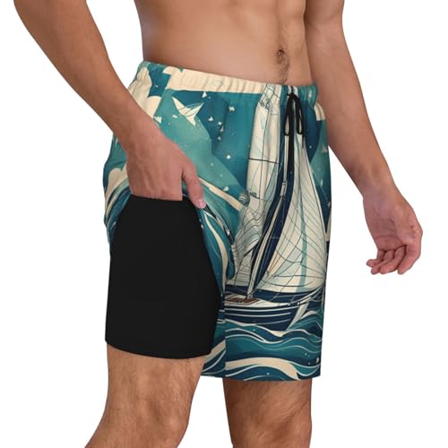 Ocean Sailboatshort Swim Trunks with Waist Rope and Two Side Pockets Beach Shorts Bathing Suits for Men3