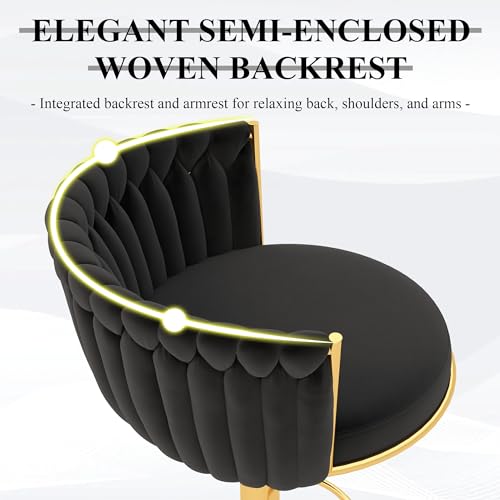 ABET Gold Bar Stool Set of 4, Velvet Swivel Barstools, Height Adjustable Counter Stools with Woven Backrest, Upholstered Modern Luxury Kitchen Stools with Footrest for Cafe, Pub, Black
