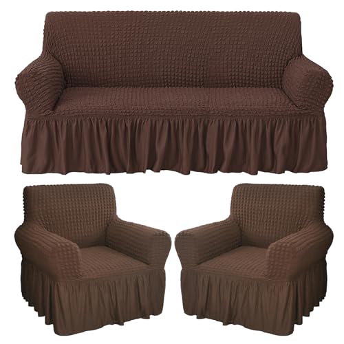 Image of House of Quirk Turkish Bubble Frill Five Seater 3 + 1 + 1 Sofa Slipcovers 280 GSM, Durable Washable Universal Triple Seater High Elastic Furniture Protector (Coffee)