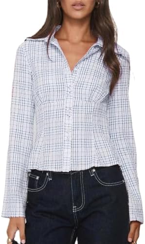 Women Y2k Button Down Long Sleeve Shirt Sexy Plaid Slim Fit Collar Work Blouse Vintage Trendy Preppy Going Out Tops Blue