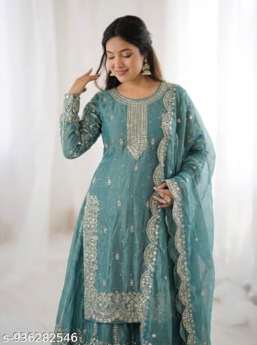 Image of Women's Casual Salwar Suit Pure Heavy Fendy Silk With Embroidery Sequence Work Full Sleeves Salwar Suit With Dupatta.Women's Ethnic Wear