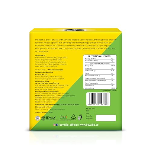 Image of Bevzilla Masala Lemonade Infused with Vitamin C | Handcrafted Instant Drink Premix | Refreshing Lemon Summer Drink | Makes Upto 50 Glasses|25*10 Sachets | Easy to Carry