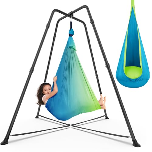 Swing Stand with Sensory Swing Swing Frame with Pod Swing X-Shaped Swing Set Metal Swing Chiar with Stand for Adults Indoor and Outdoor 330LBS (Aqua Gradient)