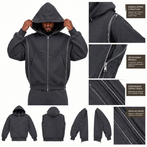 Mens Waffle Zip Up Hoodie Interchangeable Zipups Oversized Y2k Sweatshirt - image 5