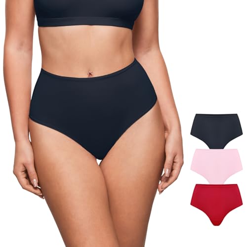 Image of INLYRIC Women's Inbarely Soft Thong - High Waisted Tagless Smooth Stretch Underwear Ultra-soft No Show Panties 3 Pack