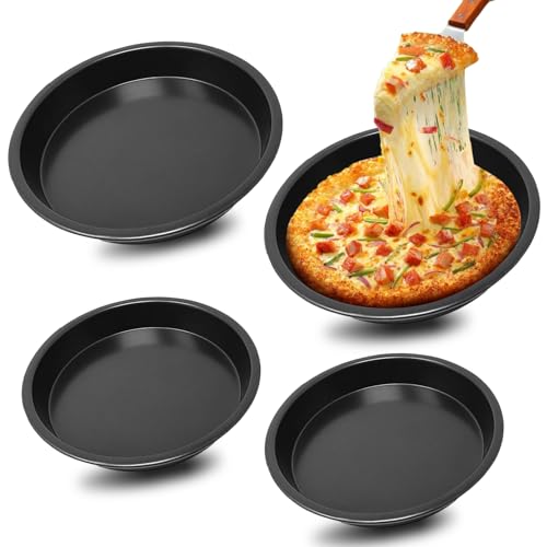 4 Stück Pizzablech, ø 16/18 cm Rund Carbonstahl Pizzapfanne Antihaftbeschichtet Pizzas Backblech Pizza Zubehör für Backen Pie Pizza Flammkuchen Käsekuchen (Schwarz)