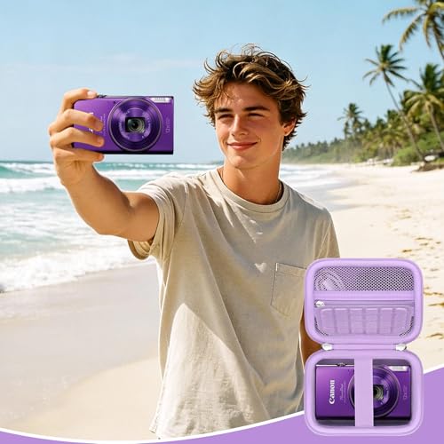 Image of Camera Case for Canon PowerShot ELPH 360 HS A, IXY 650 /ELPH 360 Camera Protective Case Storage Holder Travel Bag with Wrist Strap, Mesh Pocket for Battery Pack, USB Cable, Purple