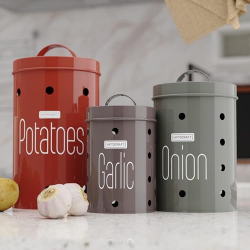 Image of Galvanized Metal Vegetable Storage Container Set - Potato, Onion & Garlic Bins with Lid | Rust-Resistant, Ventilated Kitchen Pantry Organizer | Set of 3 (Multicolor)